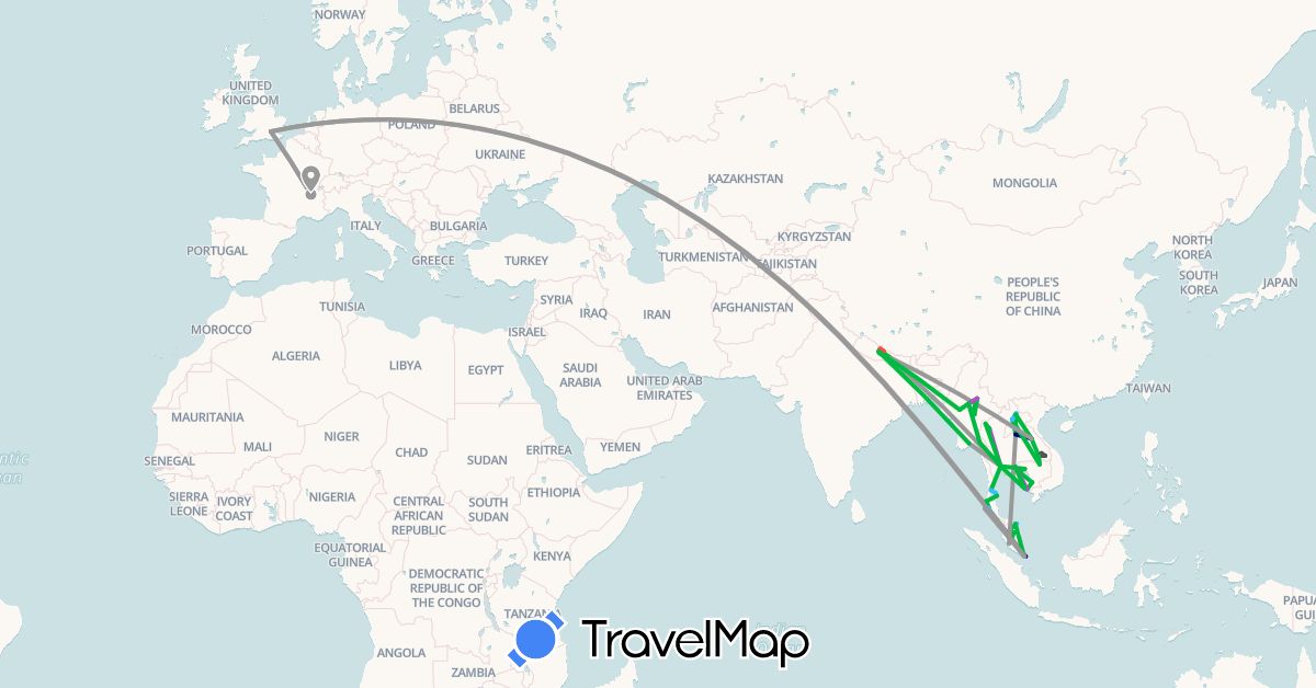 TravelMap itinerary: driving, bus, plane, train, hiking, boat, motorbike in France, United Kingdom, Cambodia, Laos, Myanmar (Burma), Malaysia, Nepal, Singapore, Thailand (Asia, Europe)